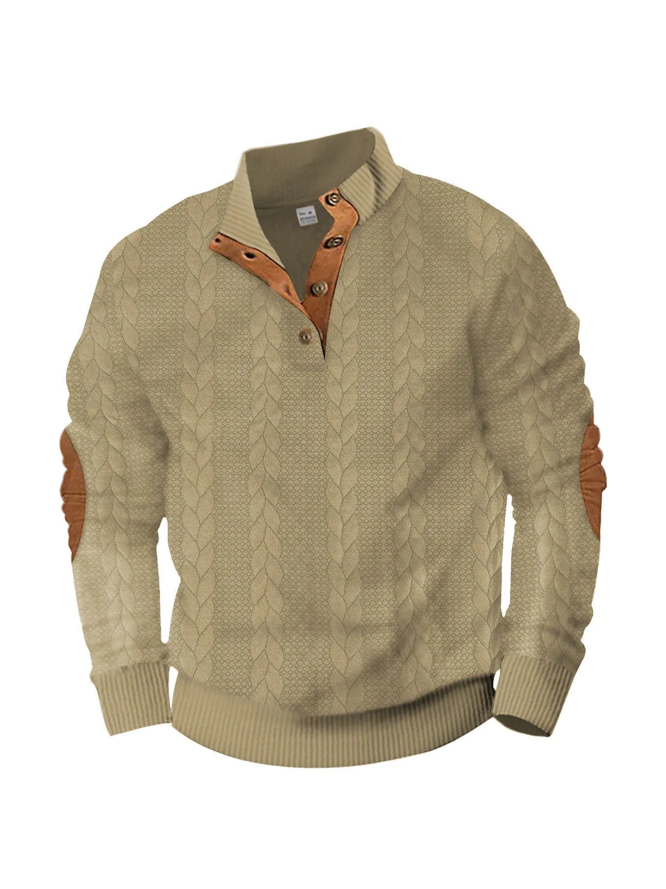 Fashion jacquard buckle long sleeve embroidered patch sweater in caramel colour