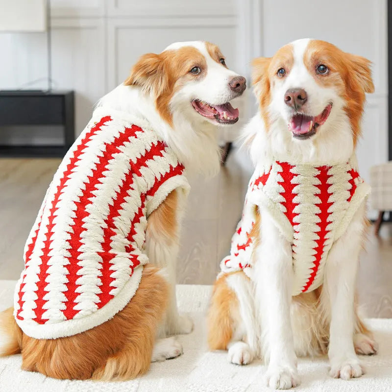 Golden Retriever wearing caramel polyester fleece pet coat with casual fit and visible chest measurement label