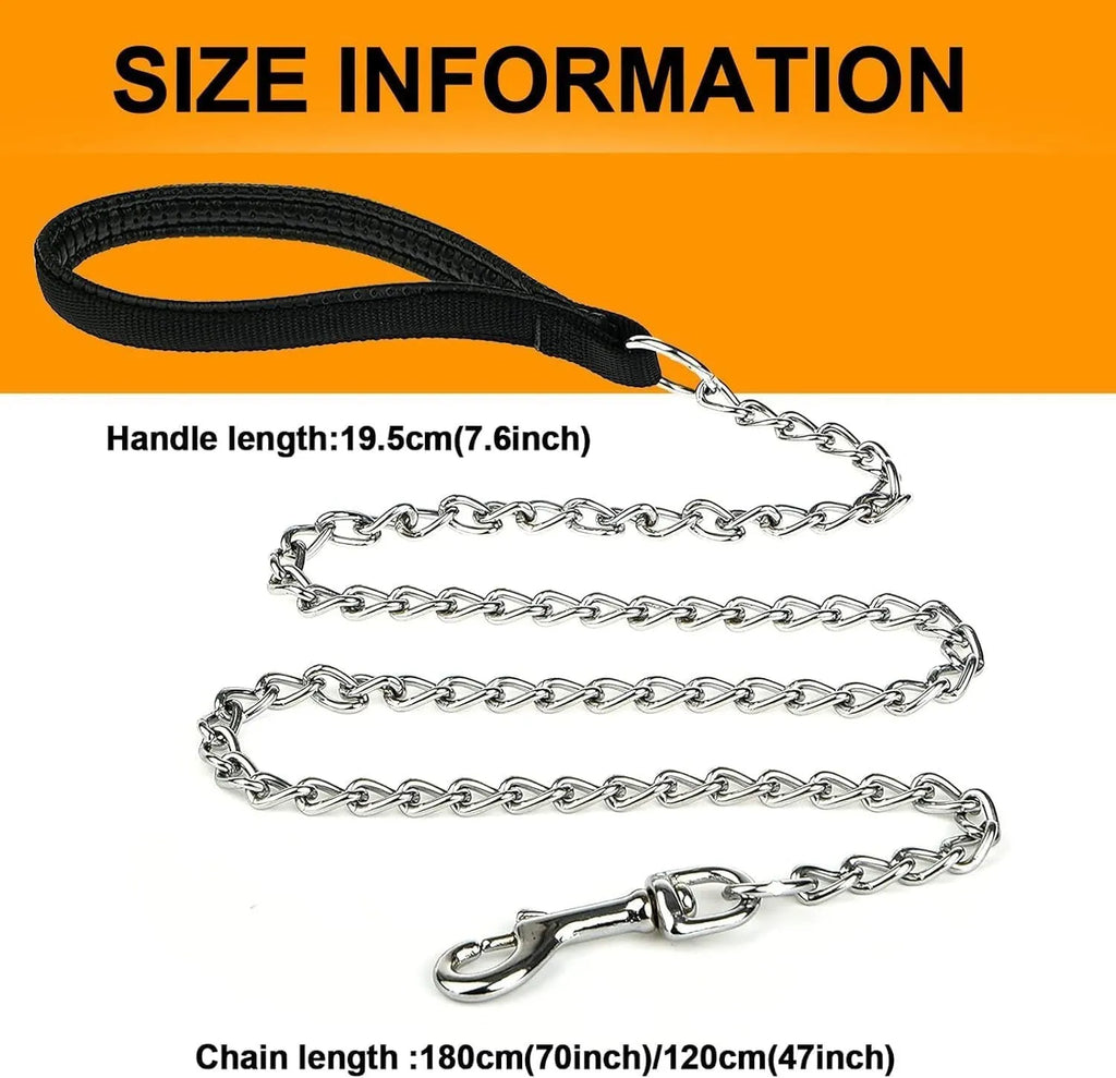 Heavy duty metal dog leash chain with soft black padded handle, shown in red.