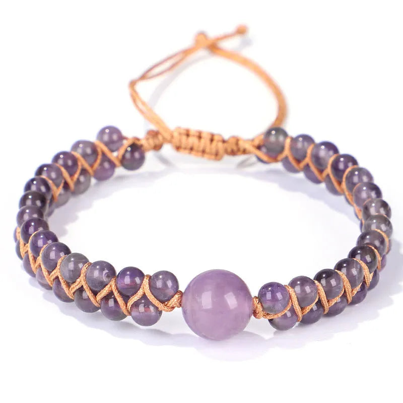 Handmade woven geometric pull bracelet with adjustable cord in blue tigereye or amethyst stone beads