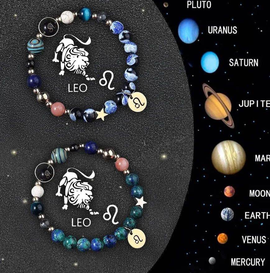 Set of twelve beaded bracelets for each zodiac sign with natural stone and crystal beads.