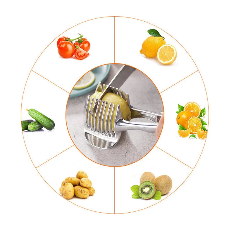 Silver plastic lemon slicer kitchen gadget on a cutting board