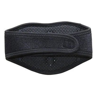 Black self-heating magnetic therapy neck guard with adjustable strap showing measurements