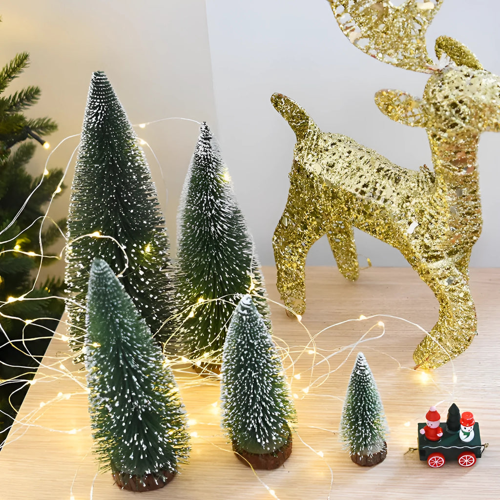 Artificial Christmas pine needle tree decoration in green and white, 15 cm height for tabletop display