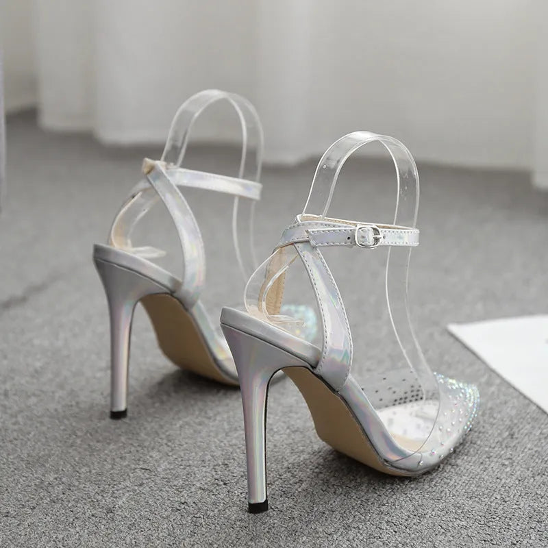 Women's pointed toe diamond sandals with stiletto heels on a white background