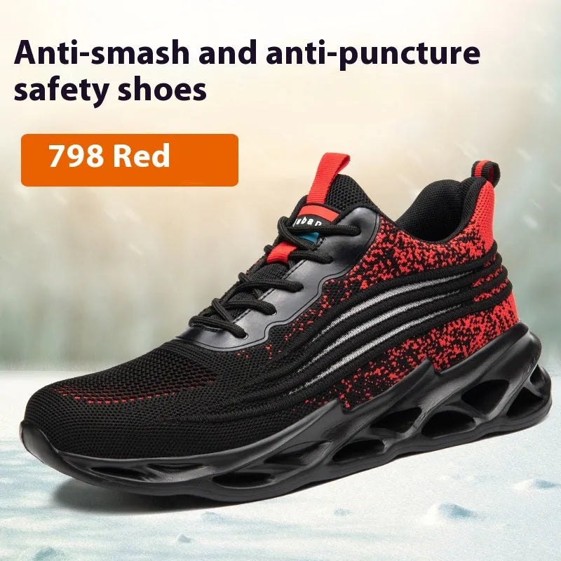 Brown leather steel toe cap safety work boots with a rubber sole on a work site background.