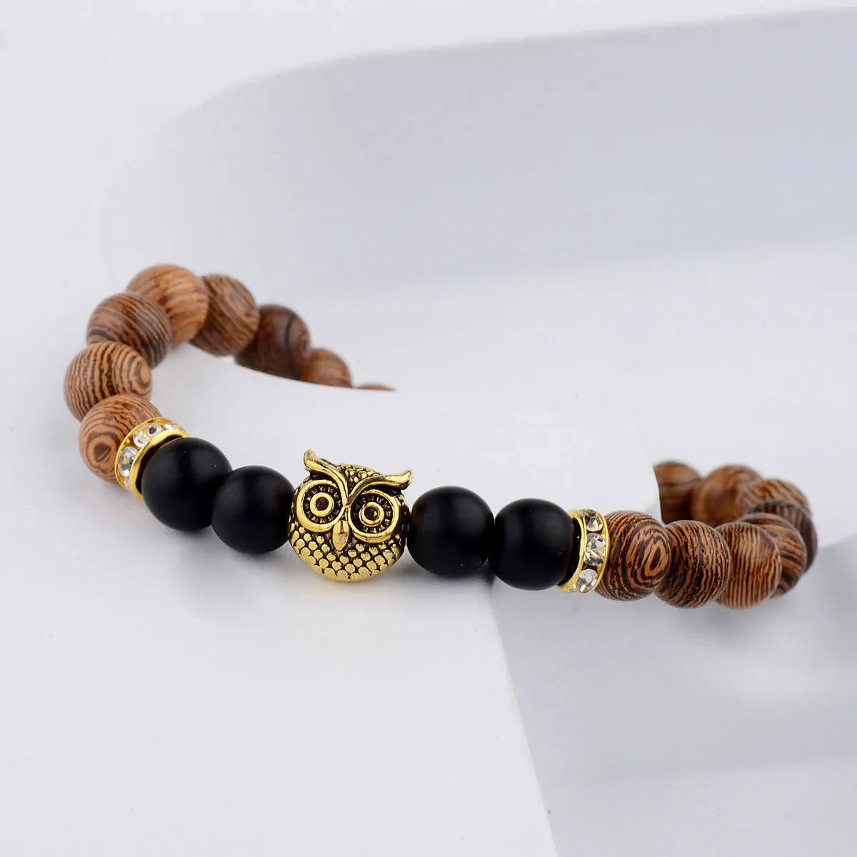 Owl frosted stone lifeline wood grain bracelet with wood beads alloy stone in black and gold colour options