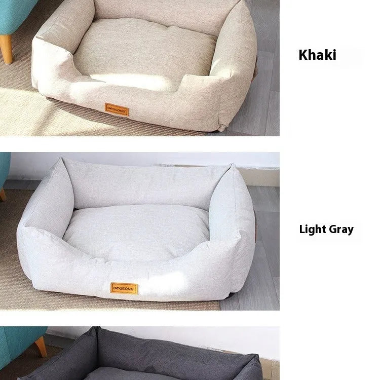 Cloth dog kennel bed in khaki with summer sleeping mat, available in four sizes S to XL for small to large dogs