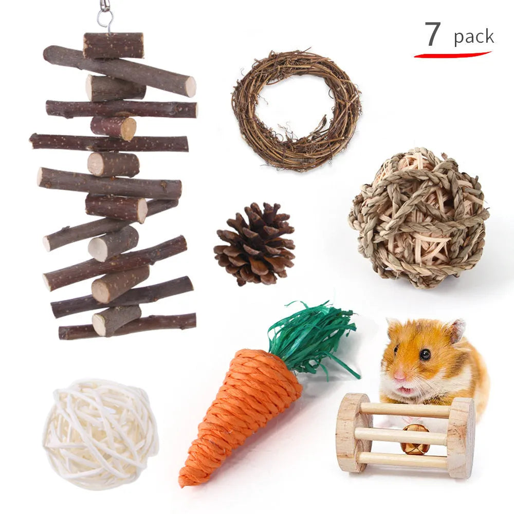 Wooden pet toy set with molar stick, straw mattress and woven balls for rabbits, guinea pigs and parrots