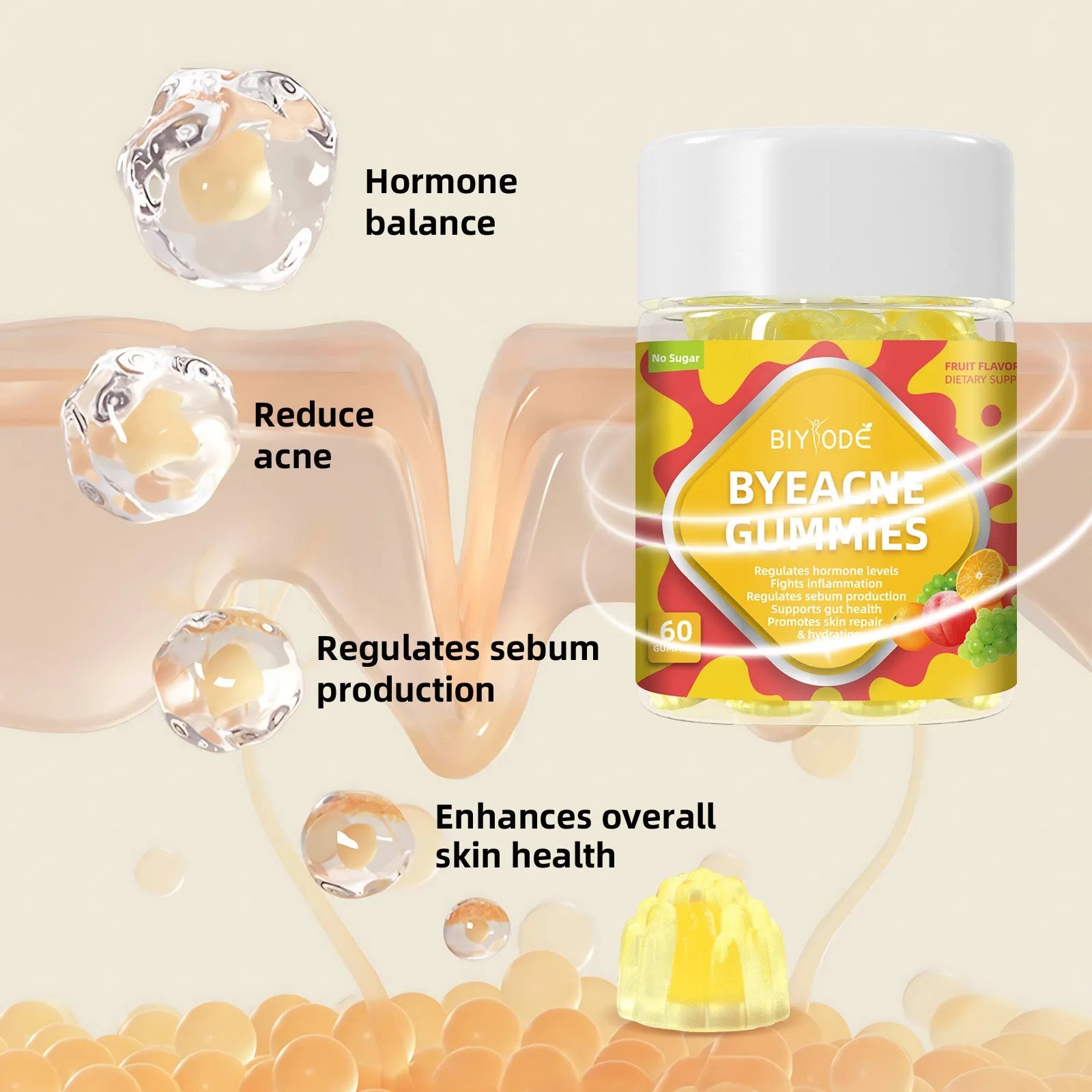 Private label ByeAcne Gummies bottle for hormone balance and acne reduction with vitamins, zinc, and magnesium