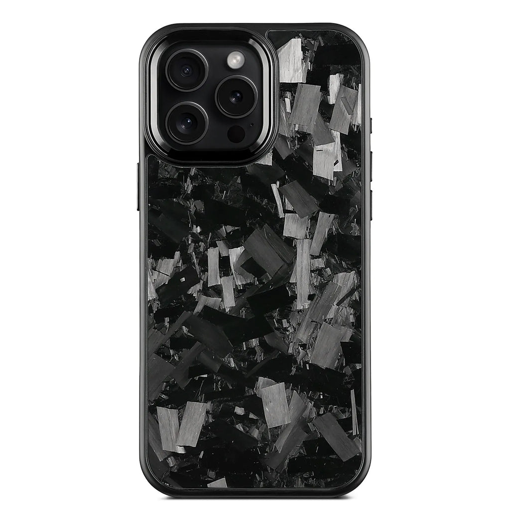 Black frame blue gold metal and carbon fibre protective case for iPhone 17 with a magnetic feature and forged pattern design.