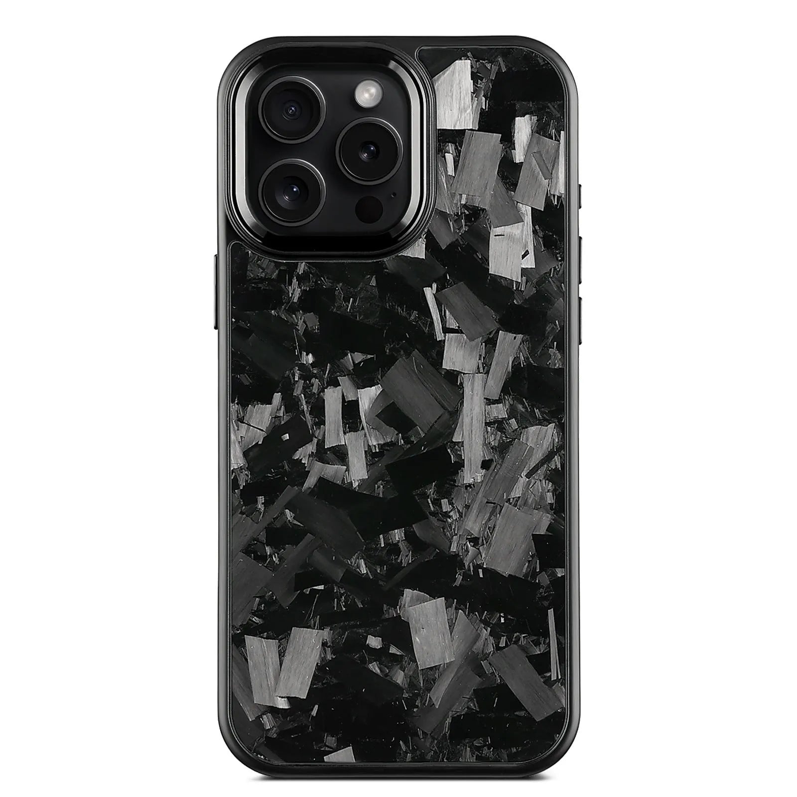 Black frame blue gold metal and carbon fibre protective case for iPhone 17 with a magnetic feature and forged pattern design.