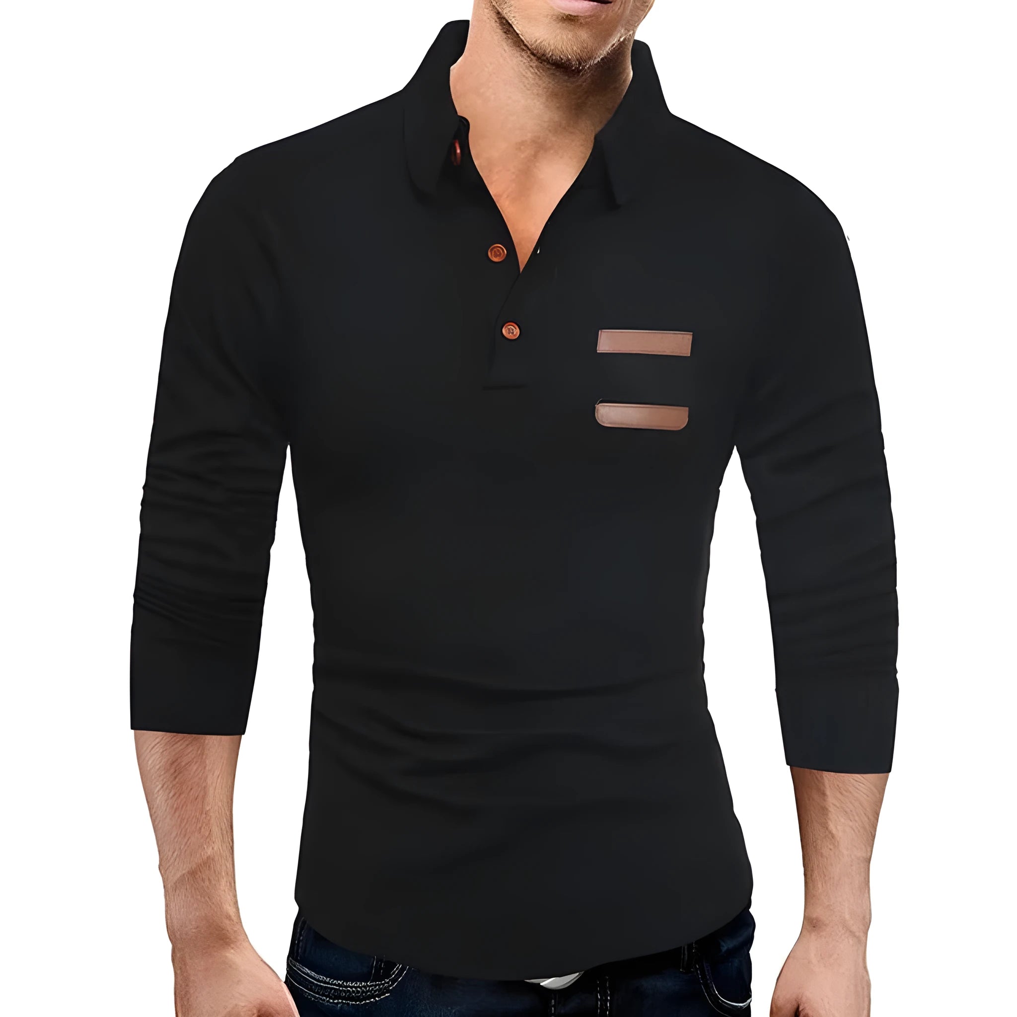 Men's casual slim knit polo shirt in black, shown on a hanger, with a classic collar and button placket