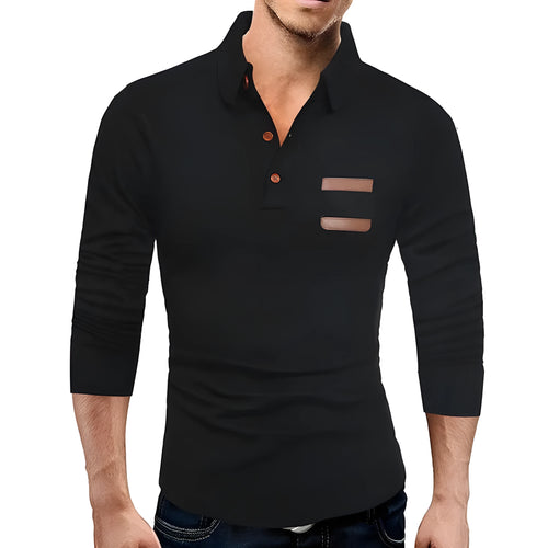 Men's casual slim knit polo shirt in black, shown on a hanger, with a classic collar and button placket