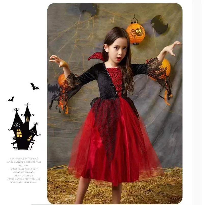 Unisex children's Halloween witch costume suit with cape and free headdress, polyester blend fabric, available in sizes 90-170cm