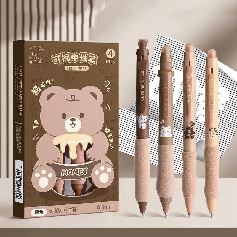 Cartoon-themed erasable gel pen with 0.5mm tip showing character designs and black or blue ink options