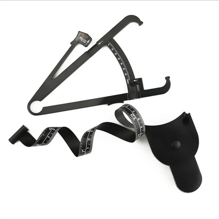 Black ABS body fat caliper with measurement scale and cable for skinfold thickness tracking