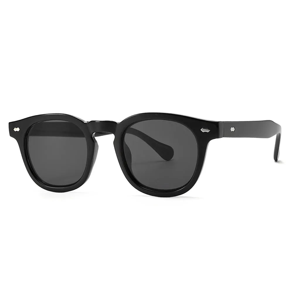 Simple round rim plastic sunglasses shown in a bright black frame with blue lenses on a plain background.