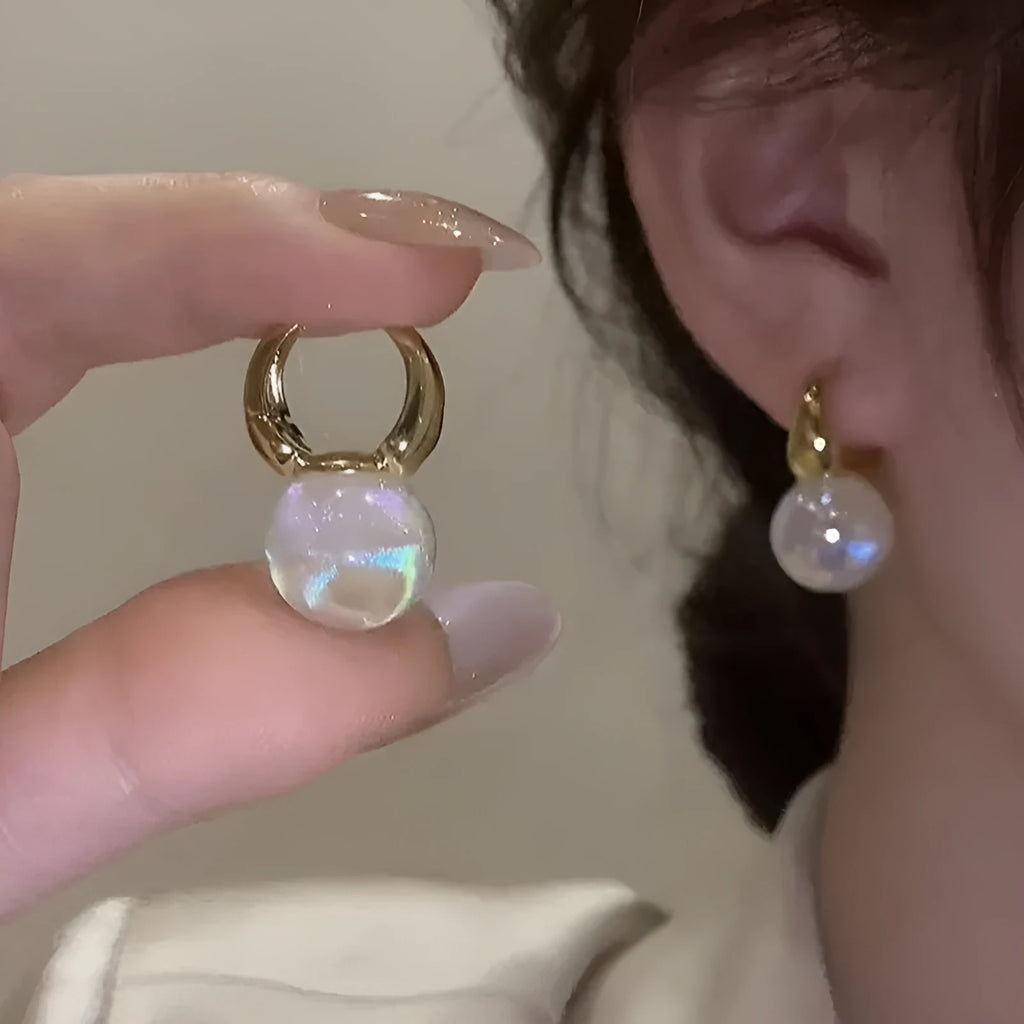 Mermaid pearl earrings for women copper clip on U shape 14K gold colour with white pearl centre