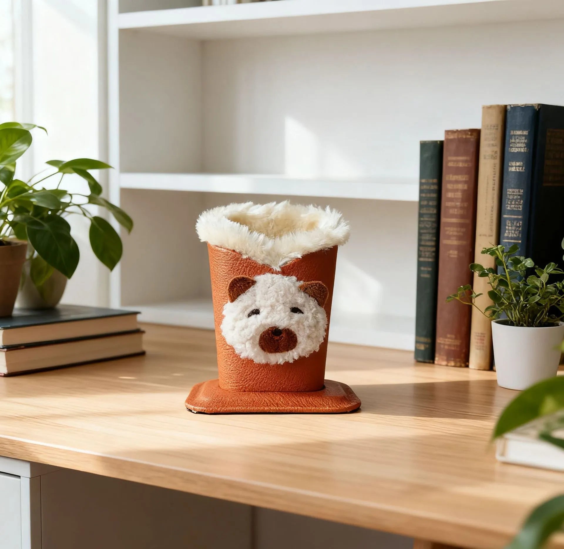 Nordic style fluffy cartoon desktop glasses storage bucket in leather with animal design, 11.6x8.1x12cm