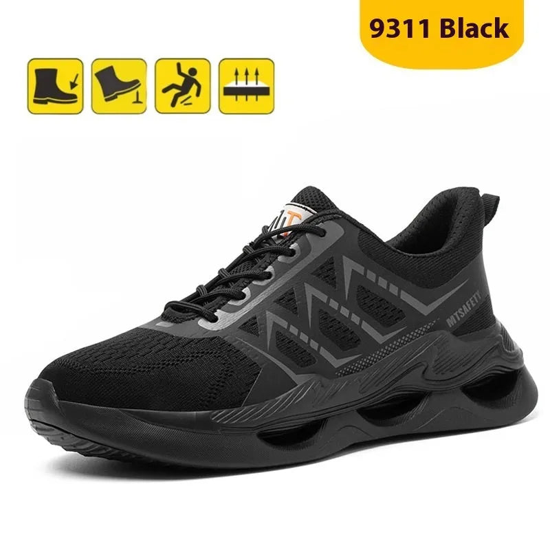 Black low-top safety shoes with a lace-up front, knitted upper, and a visible rubber sole with steel toe cap protection.