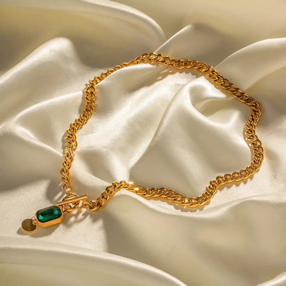 Gold colour French retro geometric pendant necklace with emerald zircon on a titanium steel Cuban link chain