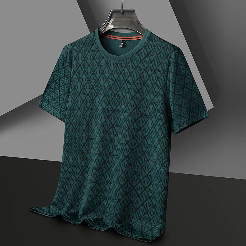 Man wearing a loose fit black round neck short sleeve T-shirt made from Ice Silk fabric.