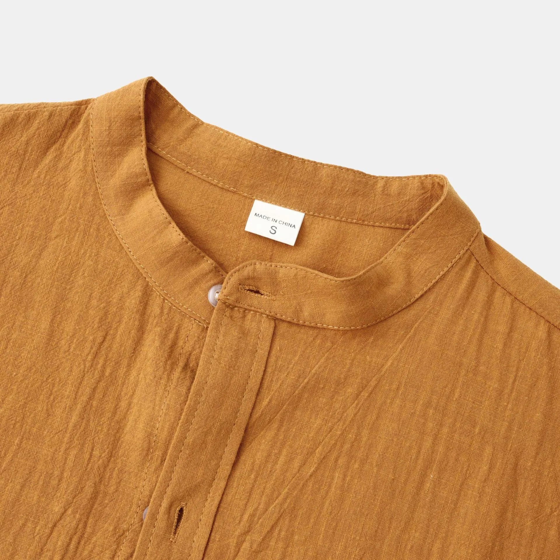 Men's brown cotton blend casual shirt and pants set with long sleeves showing size options