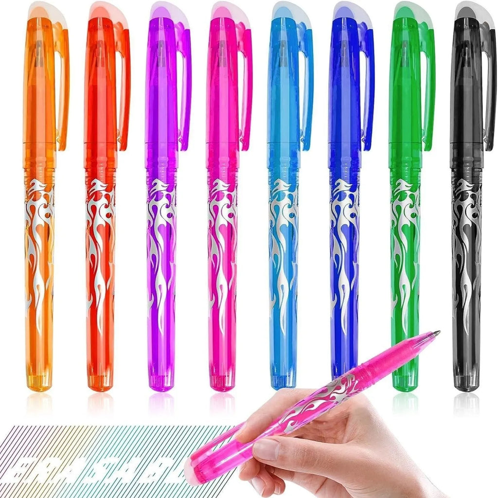 Heat-erasable gel pens with plastic barrels and stainless steel nibs in multiple colours