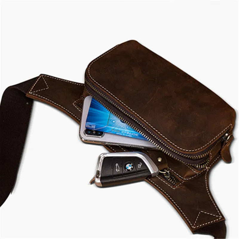 Brown cowhide men's sports waist bag with adjustable strap and internal phone pocket