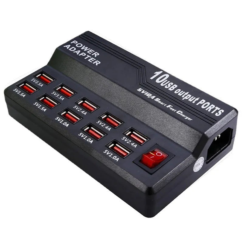 Black 10-port USB charging power strip with smart charging and aluminium heat dissipation, shown with multiple cables connected