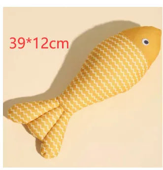 Plush fish cat toy filled with catnip, shown in blue, red, and yellow colours, with large and medium size examples