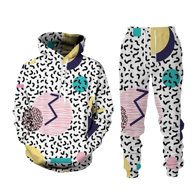 3D printed sports hoodie set for men with loose fit top and long pants in black