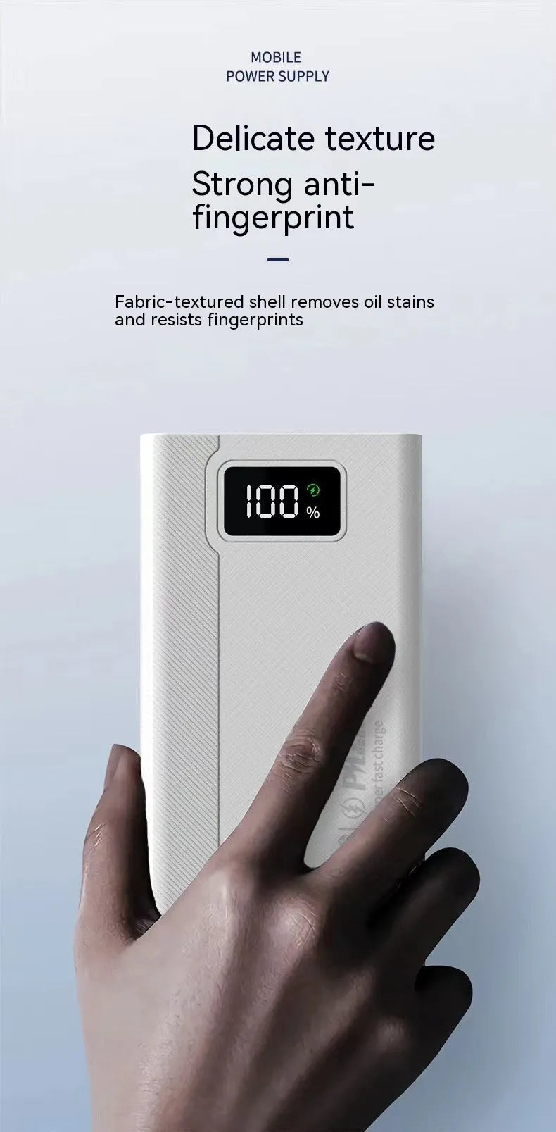 Large capacity power bank in black or white with plastic shell, showing fast charging capability and multiple capacity options