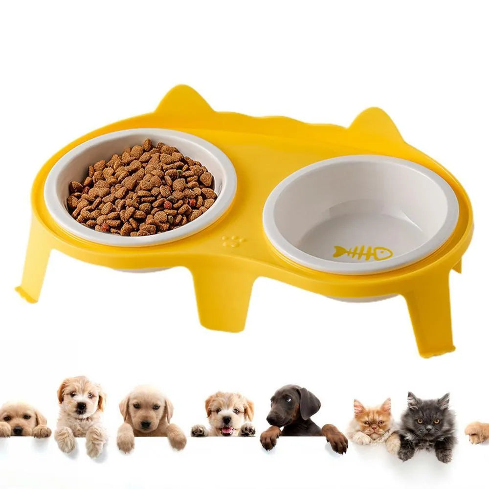 Ceramic cat food and water bowl set with elevated tilted stand in blue, pink, white or yellow