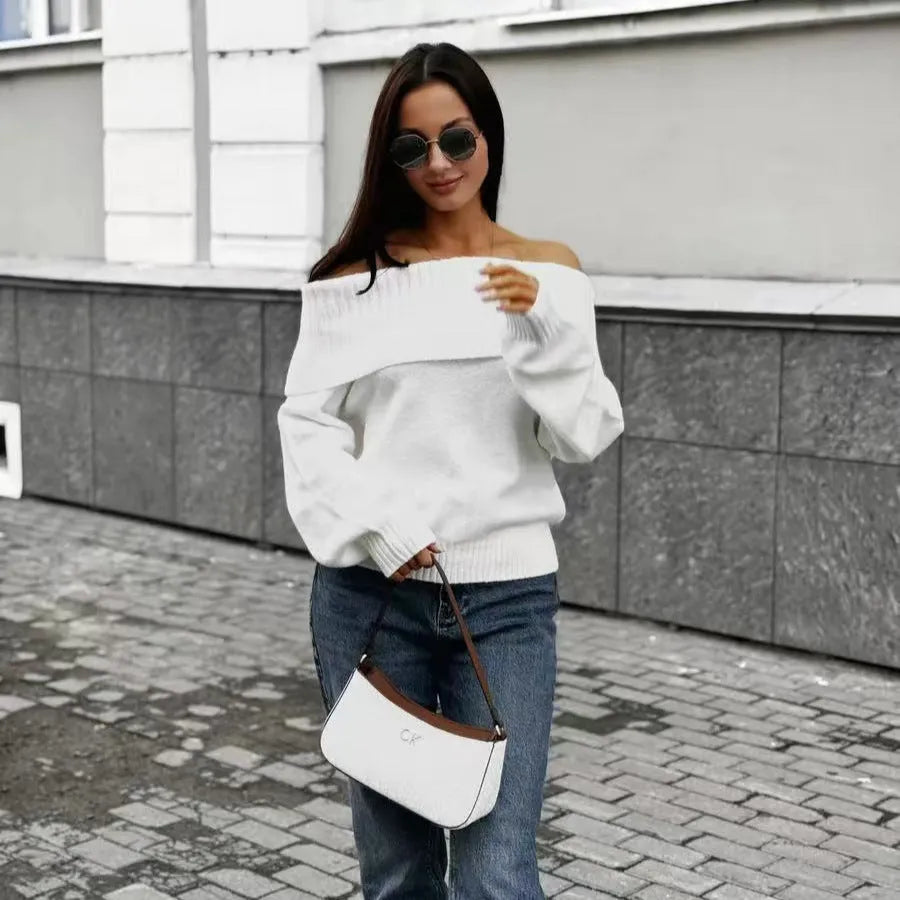 Strapless off-shoulder grey acrylic sweater with 3D pattern effect and regular sleeves