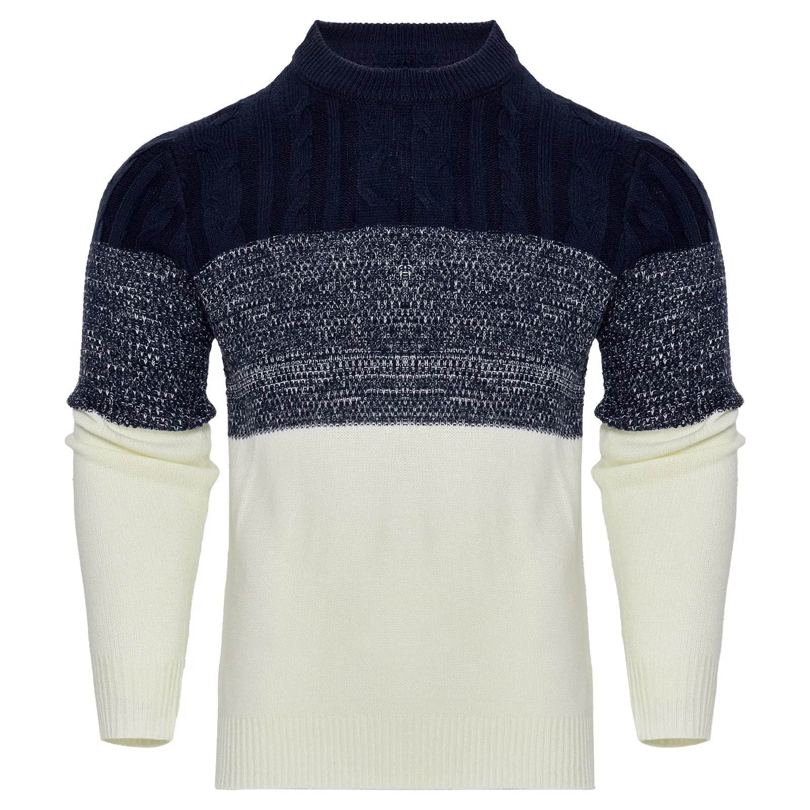Men's casual colour block long sleeve cable knit pullover sweater in blue, crew neck and textured knit
