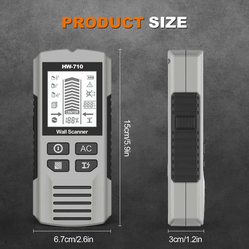 Multifunctional perforated inner wire wall detector in yellow, 174x76x41mm handheld scanner on white background