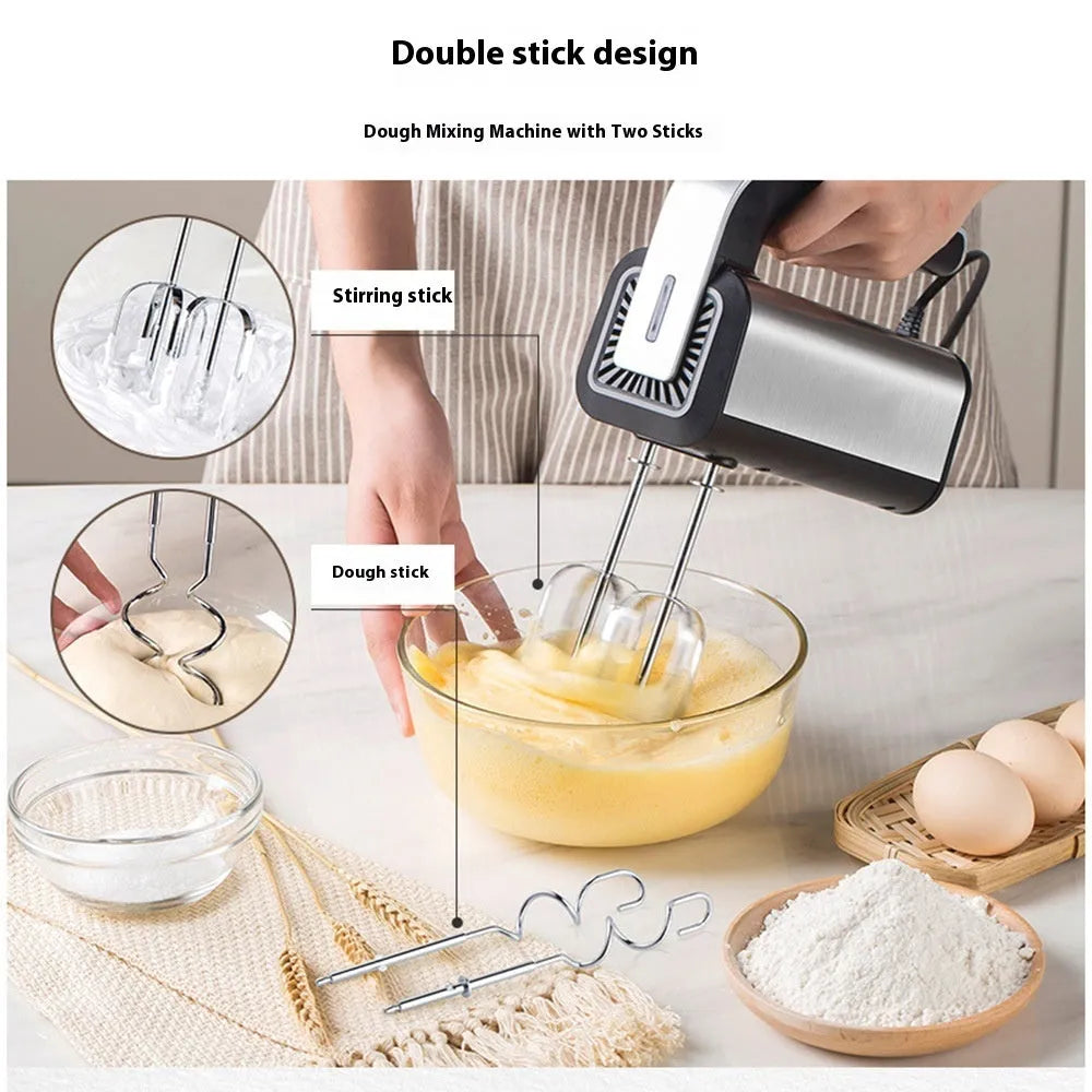 Silver mini electric handheld whisk with stainless steel beaters and 5-speed control