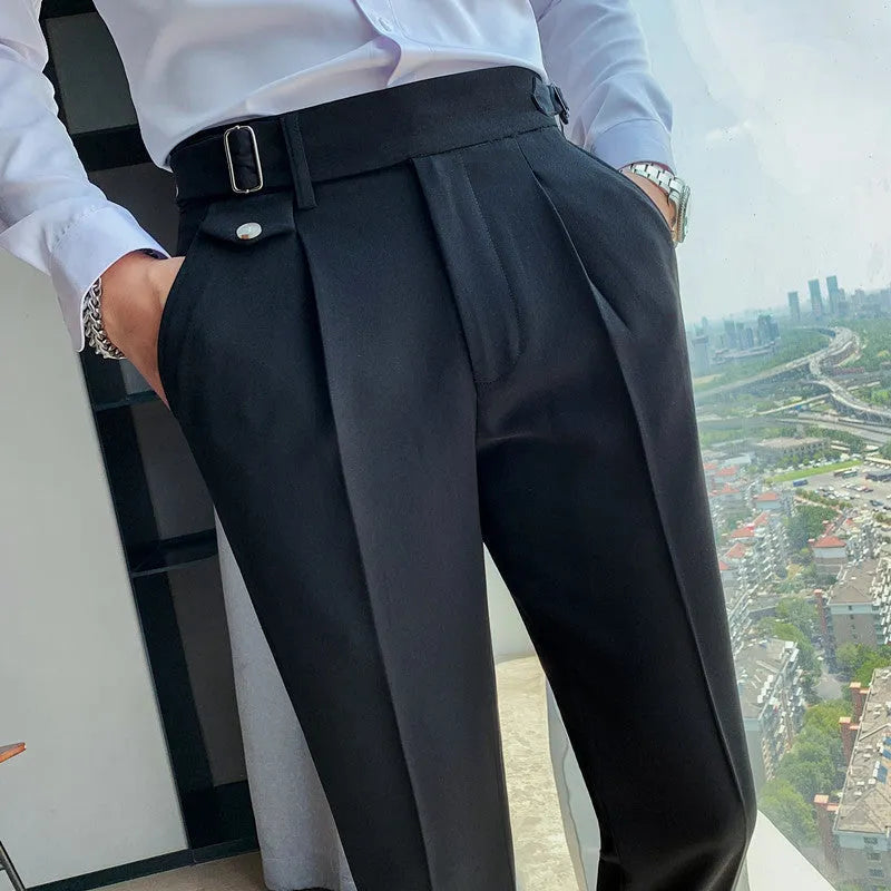 Straight leg casual trousers in solid colours on a size chart background.