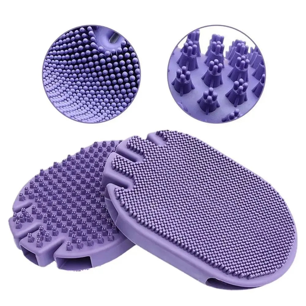 Purple soft TPR dual-sided pet massage brush for dog grooming and shampooing with ergonomic handle