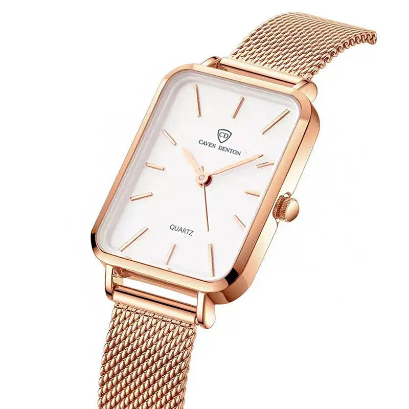 Women's waterproof quartz watch with 34mm alloy case and woven steel strap in rose gold colour