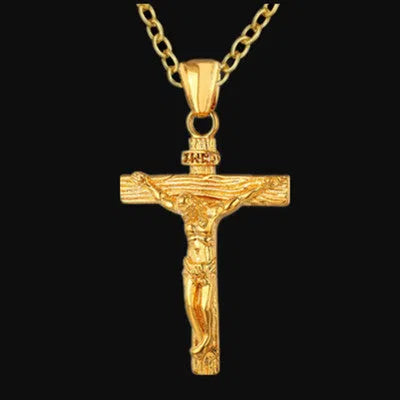 Easter Jesus cross necklace on titanium steel alloy chain, gold finish with cross chain, vintage geometry pendant