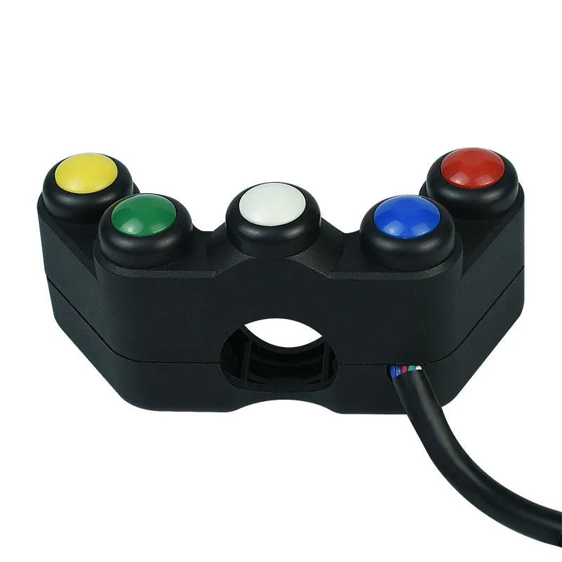 Five-position vehicle rotary switch with red, yellow, blue, green, white buttons for accessory control