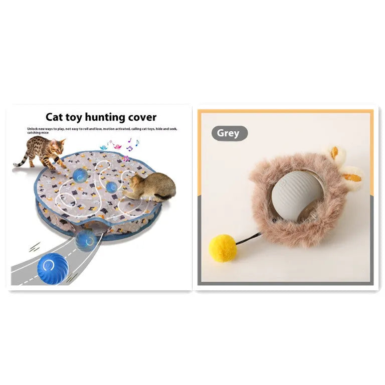 Silicone self-moving rolling ball cat toy in green, red, and grey colour options.