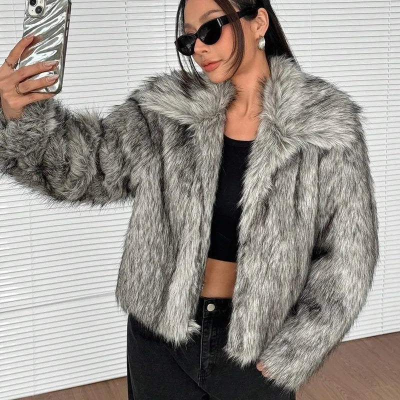 Women's artificial fox fur coat with thick collar in multiple colour options