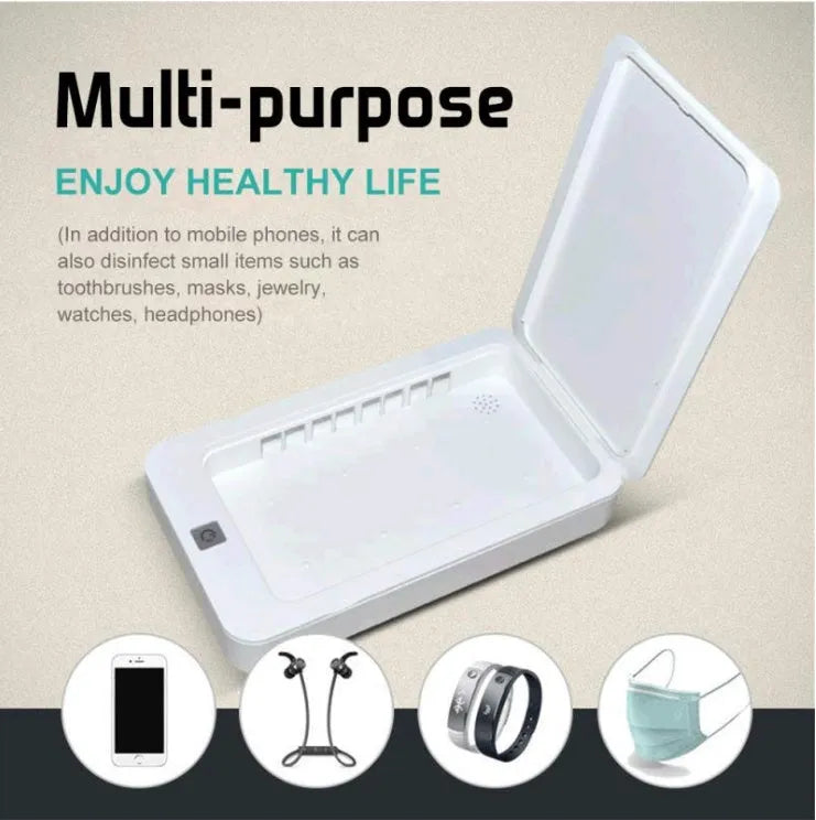 Blue UV phone sterilizer disinfection machine with open lid showing interior chamber
