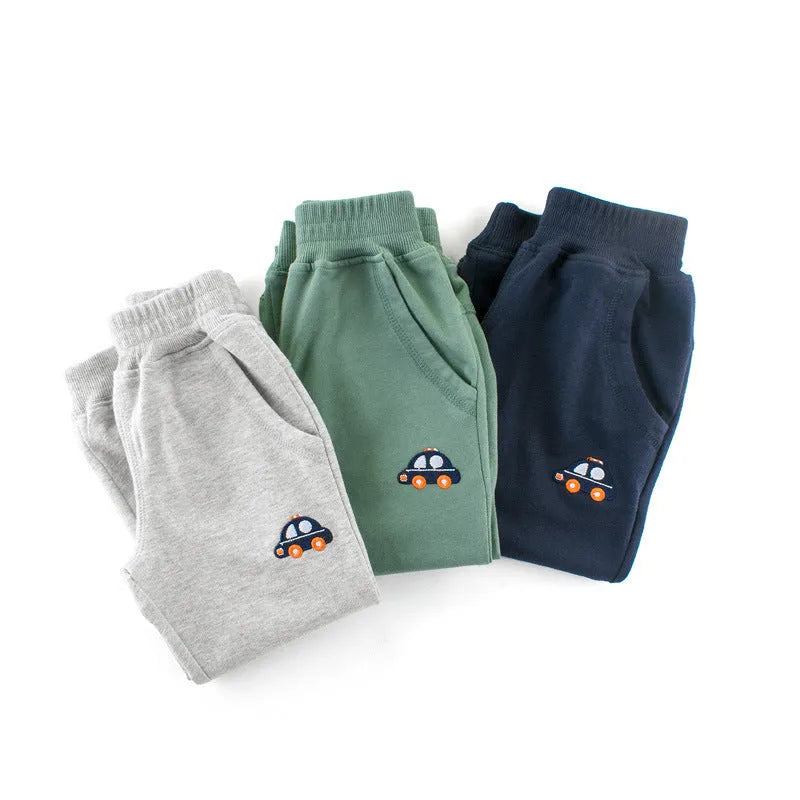 Children's Korean-style sweatpants in blue with cartoon pattern, soft fabric, for boys aged 3-8 years