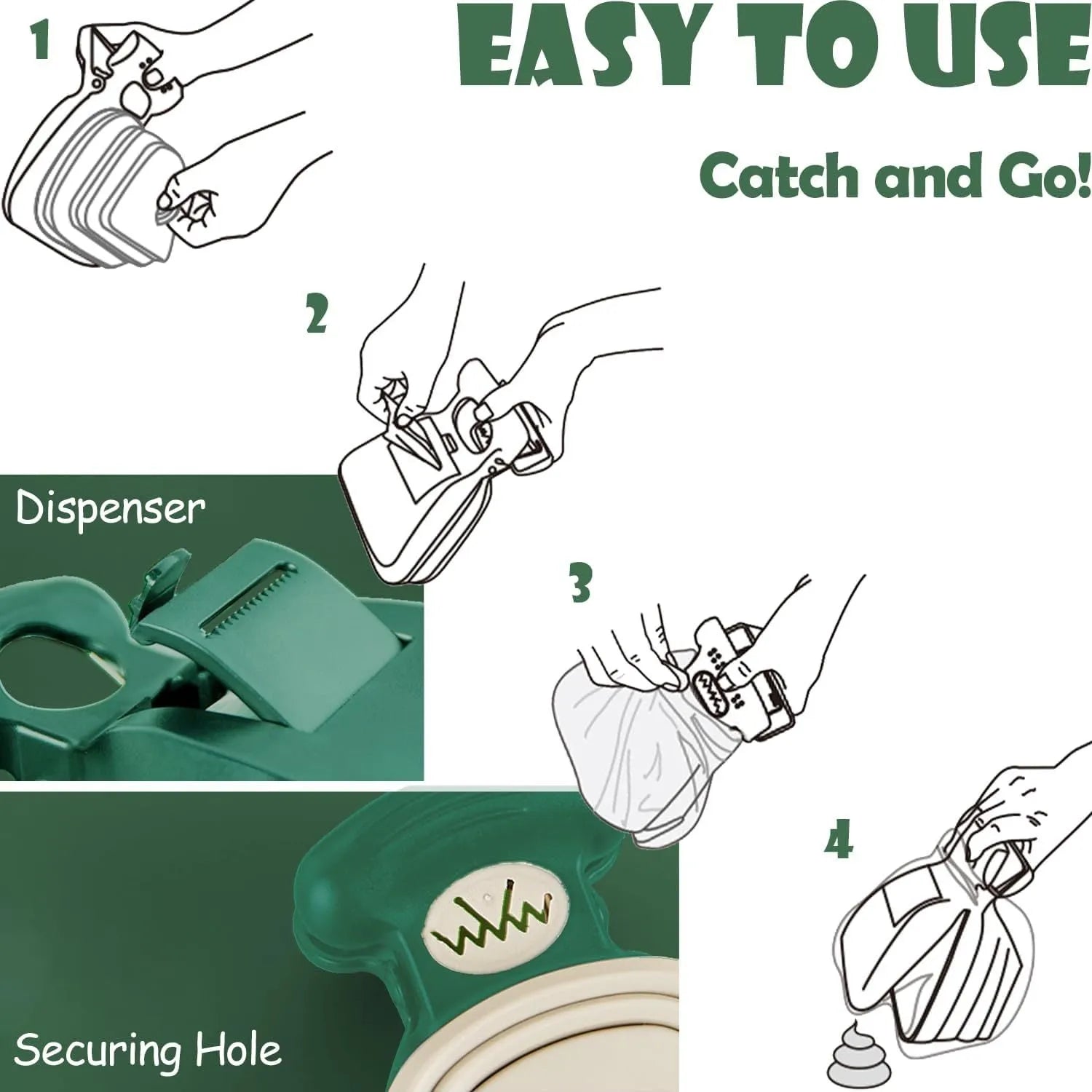 Blue portable handheld dog pooper scooper with clip and expandable waste container on a green background.