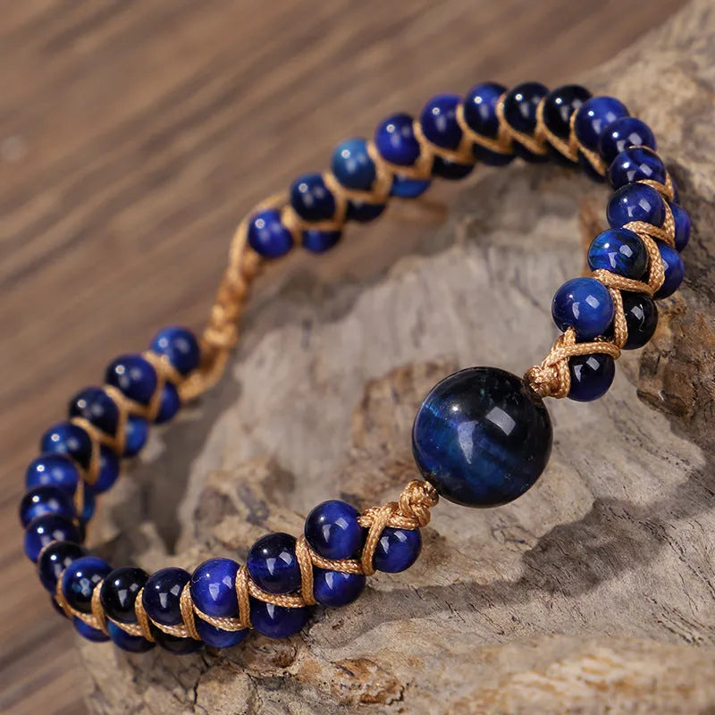 Handmade woven geometric pull bracelet with adjustable cord in blue tigereye or amethyst stone beads